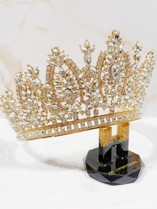 Gold Crystal Crown Tiara, Birthday Queen Crown, Quinceanera Crown, Prom Crown main image 3